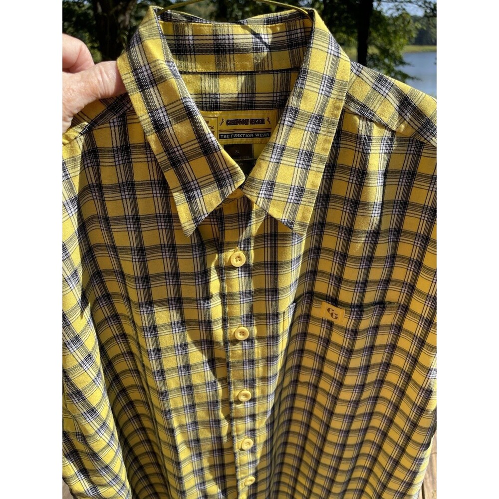 Chingon Gear The Funktion Camp Shirt Button-up Yellow Plaid Pocket Logo Mens XL